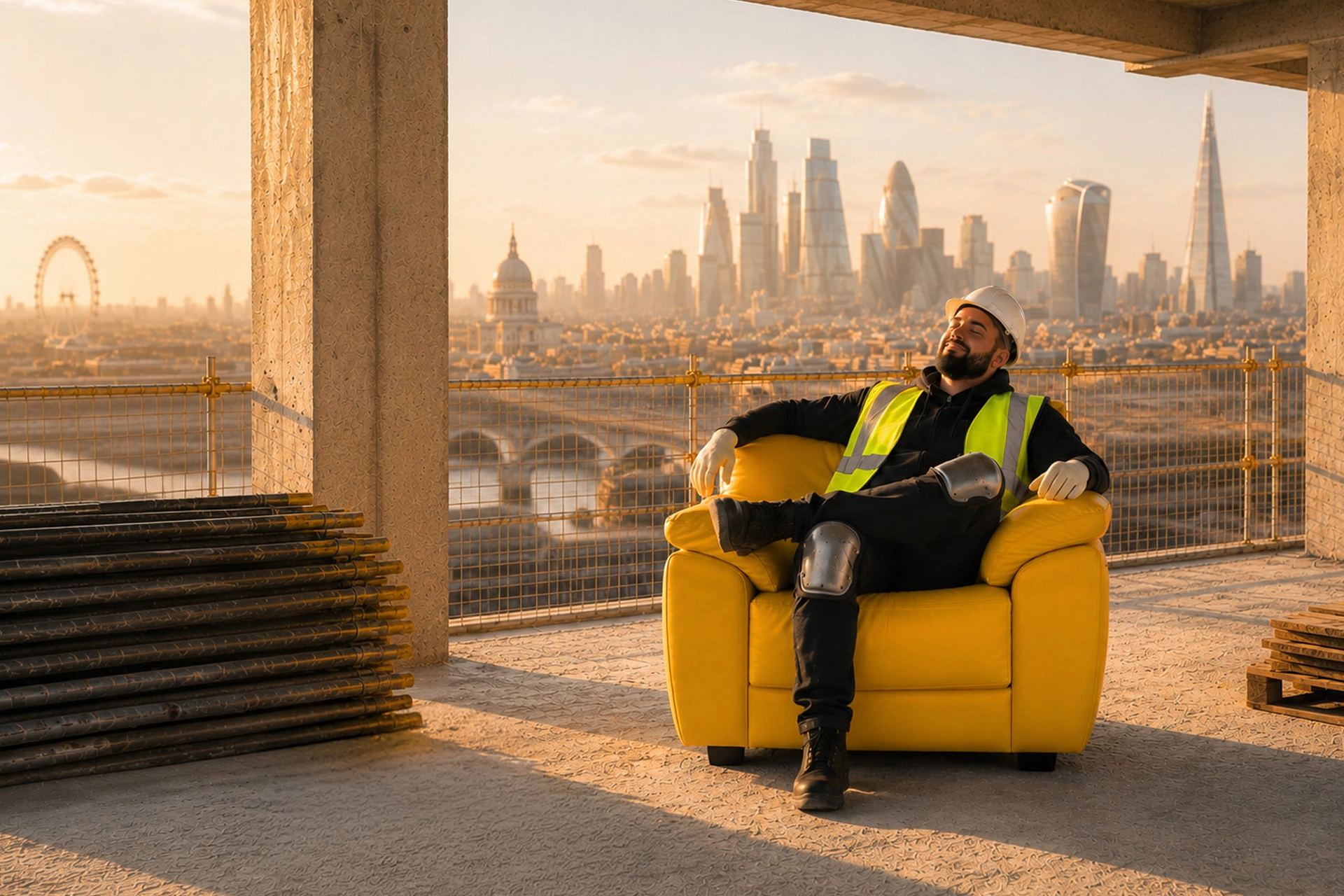 Construction worker relaxing in a yellow armchair overlooking London