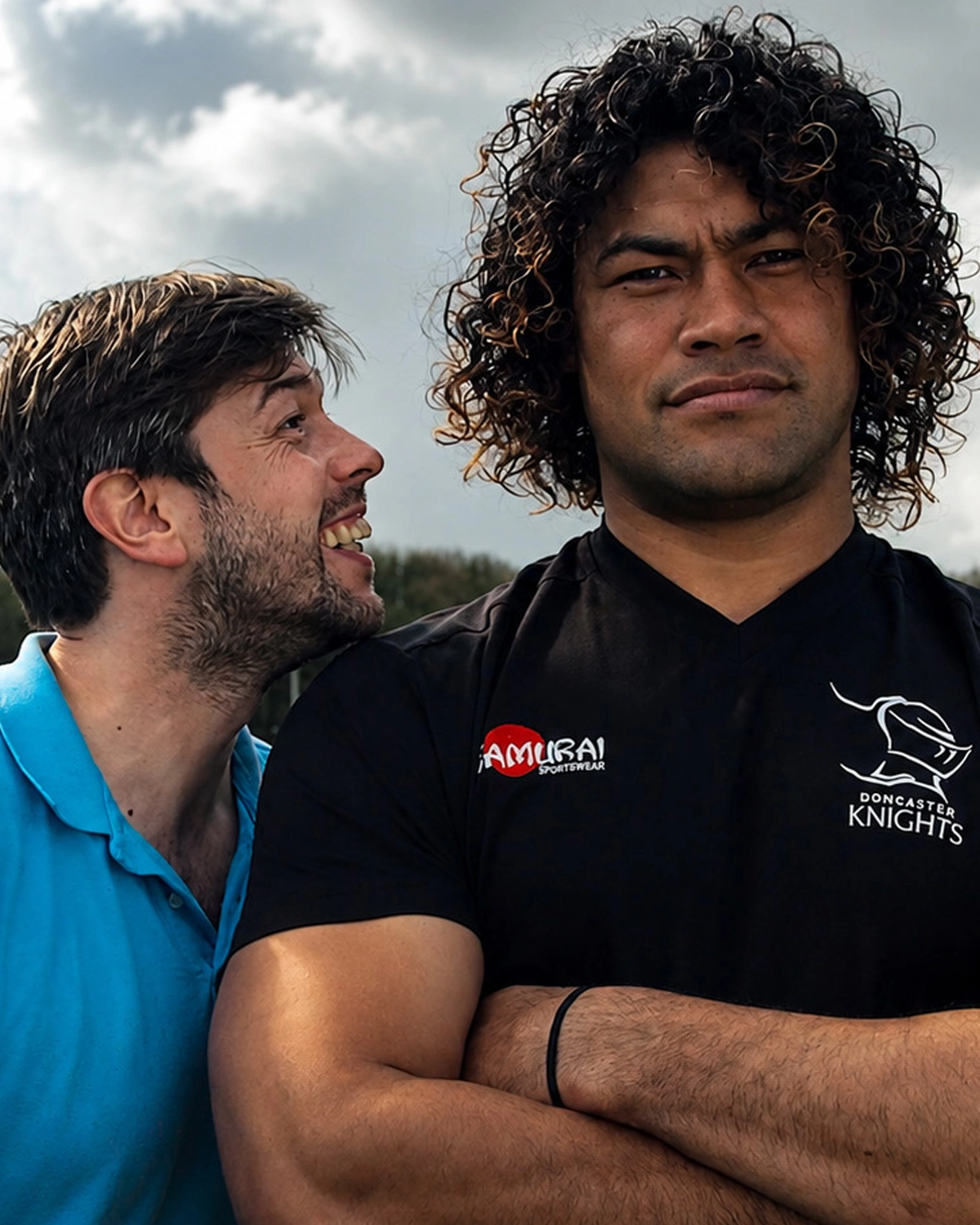 Max with a Doncaster Knights rugby player for the PolyMax campaign.