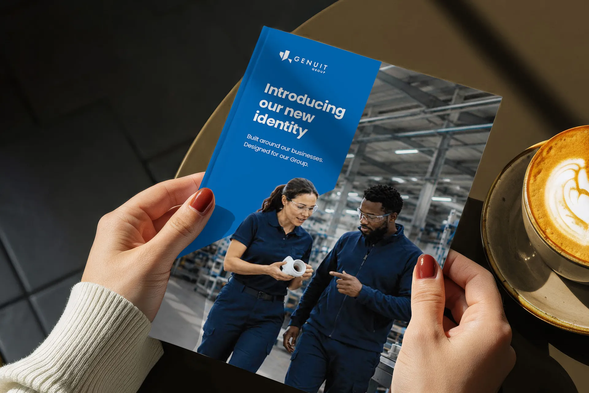 Hands holding a Genuit Group ‘Introducing our new identity’ booklet