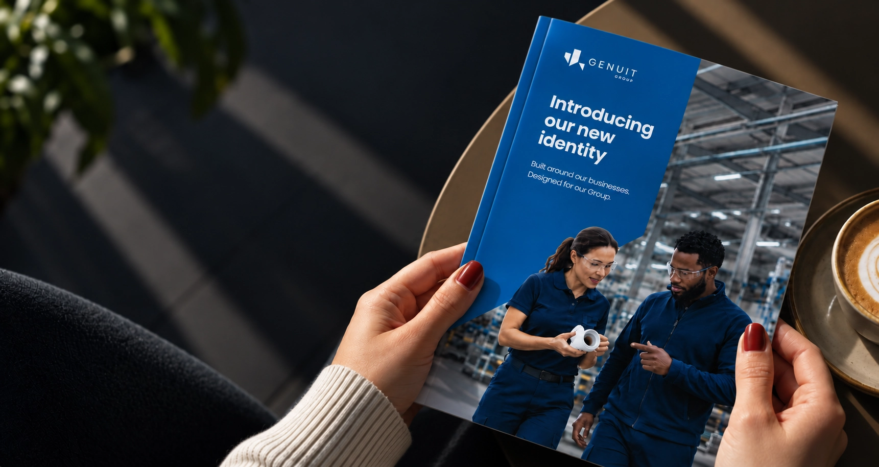Hands holding a Genuit Group ‘Introducing our new identity’ booklet